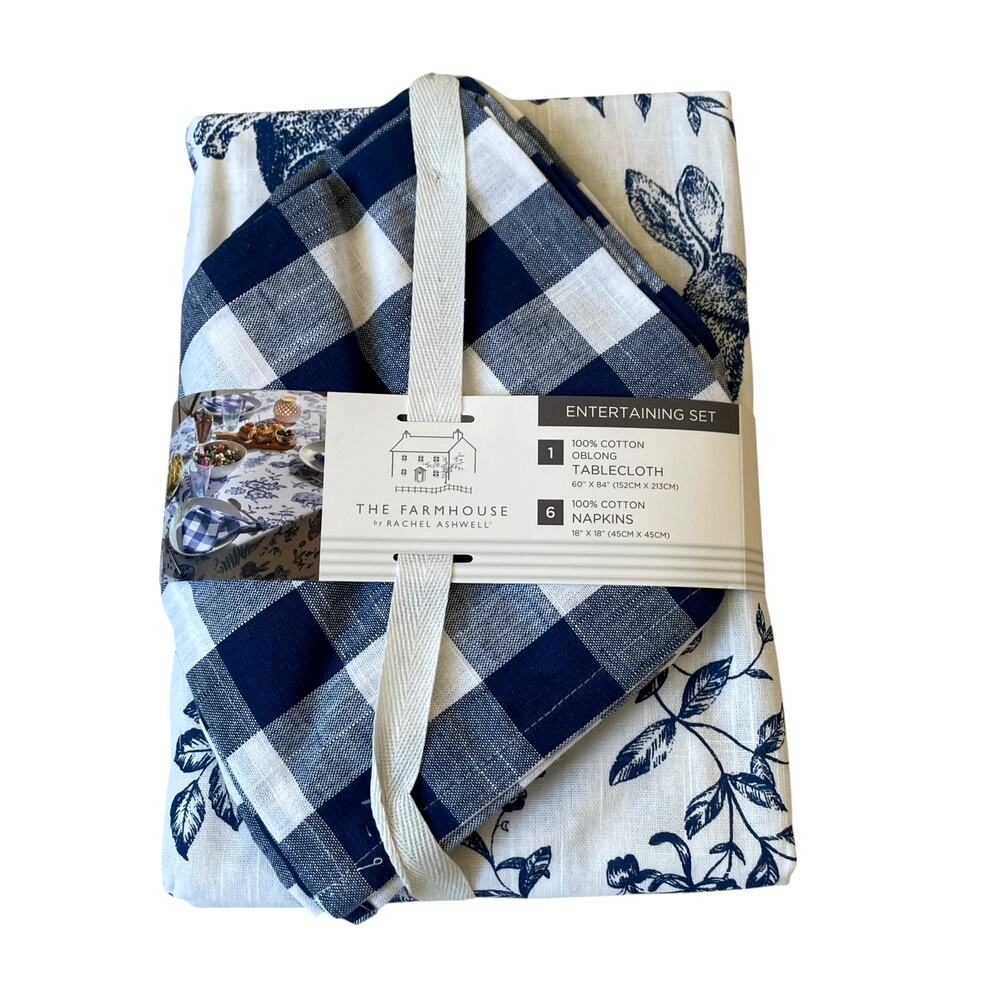 7pc Farmhouse Easter Bunny Tablecloth 60x84 Gingham Napkin Set Blue White NEW